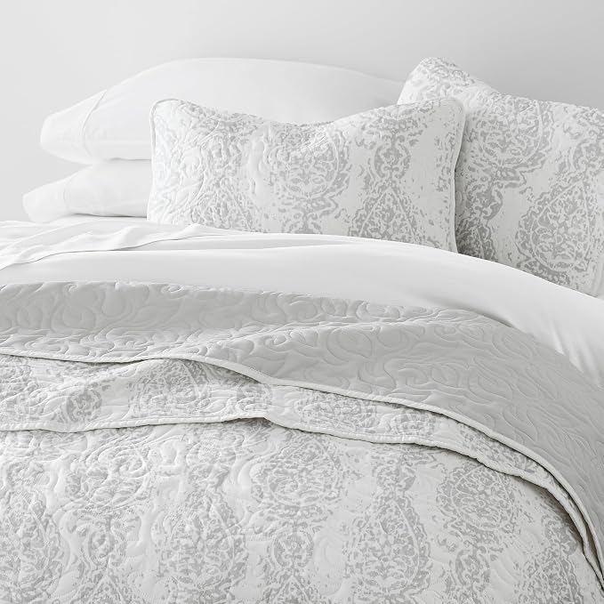 Merit Linens Soft Quilt Coverlet Bedding Set - Pattern/Solid Reversible - King/Cal-King Light Gray