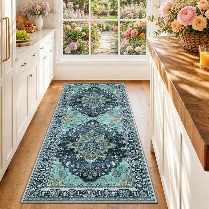 RELEANY Washable Area Rug, Runner 2'x6', Teal | Non-Slip, Water Repellent, Pet Friendly, Easy to Clean, Vintage Floral Boho Decor for Kitchen Entry Bedroom Bedside Laundry