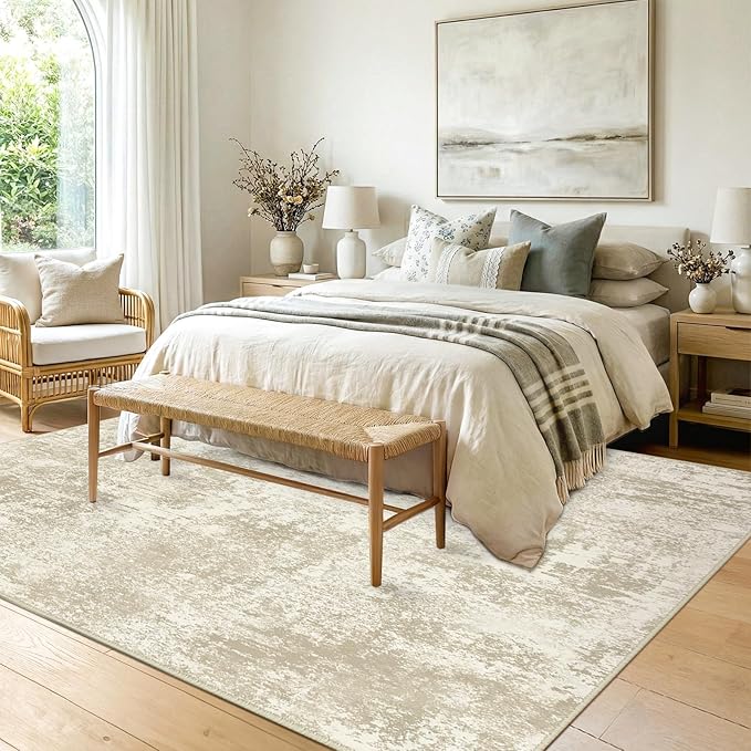 RELEANY Washable 5'x7' Abstract Area Rug for Living Room Cream Beige | Carpet for Bedroom, Kitchen, Office, Hallway and Entryway, Printed Pattern, Non‑Slip, Soft, Stain‑Resistant, Easy to Clean