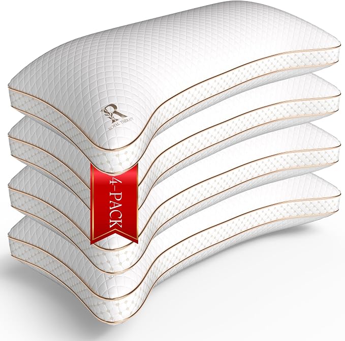Royal Therapy King 4-Pack Memory Foam Pillow, Adjustable Shredded Odor-Free Cut-Out Bed Pillow for Neck & Shoulder Pain Relief, Breathable Support for Back, Stomach, Side Sleepers, BioForm