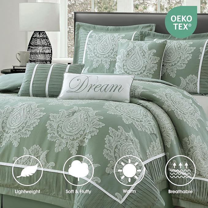 Sage Oversized Comforter Set 7 Pieces, Jacquard Woven with Damask, Bedding Set in a Bag Includes Comforter, Bed Skirt, Pillow Shams, and Decorative Pillows