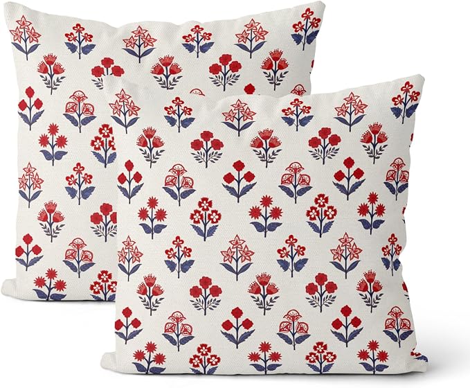 4th of July Pillow Covers 22x22 Inch 2 Pcs Red Blue Block Print Vintage Floral Patriotic Outdoor Decor Throw Pillows Memorial Day Holiday Decoration Pillowcase Linen Cushion Cover for Couch