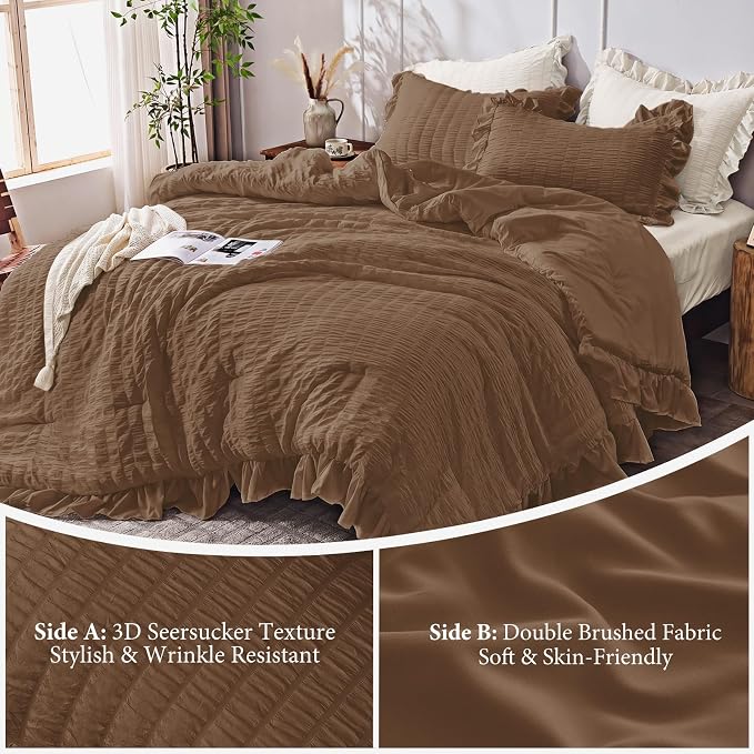 JOLLYVOGUE Oak Brown Twin/Twin XL Comforter Set, 2 Pieces Seersucker Lightweight Fluffy Bedding Set, Twin Ruffle Comforter, All Season Soft Microfiber Shabby Chic Bed Set