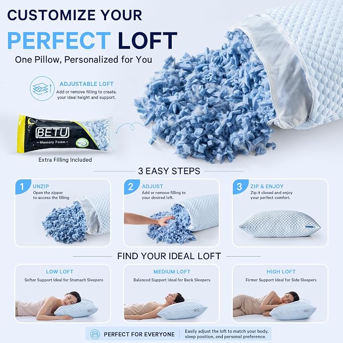 BETU Cooling Pillow Queen Size, Breathable Shredded Memory Foam Cool Pillow for Hot Sleepers, Adjustable Soft Support Bed Pillows for Side, Back, Stomach Sleepers, 3D Honeycomb Breathable Cover