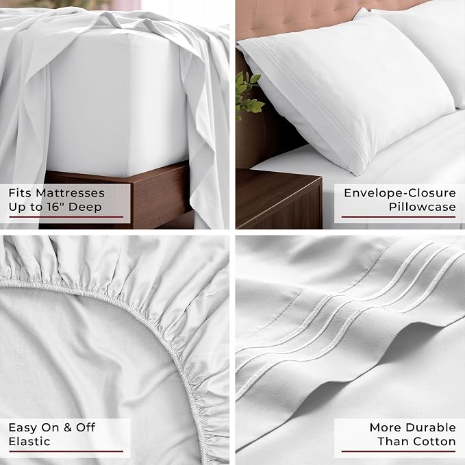 Mellanni California King Sheets Set - 4 PC Iconic Collection Bedding | Hotel Luxury, Extra Soft, Cooling Bed Sheets - Wrinkle, Fade, Stain Resistant (Cal King, White)