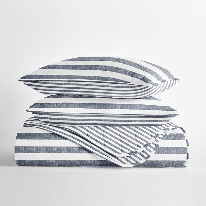 Merit Linens 3 Piece Quilt Set - Super Soft - Lightweight - All Season Quilted Coverlet - Timeless Patterns - Full/Queen Dusk Blue