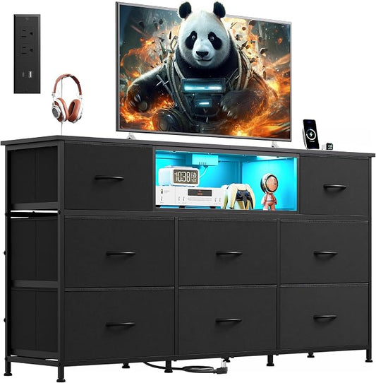 WLIVE LED Dresser TV Stand for 65 Inch TV, 8 Drawers, Black | Fits TVs up to 65 inch, 8 fabric drawers, LED chest of drawers, Built-in power outlet, Living room or bedroom