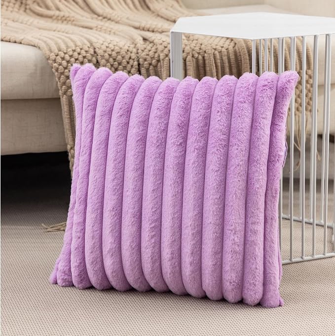 ZLINA Light Purple Striped Faux Fur Throw Pillow Covers 18 x 18 Inch | 2‑Pack, boho striped pillow covers,velvet back,fuzzy plush cushion covers , for sofa bed livingroom home decor