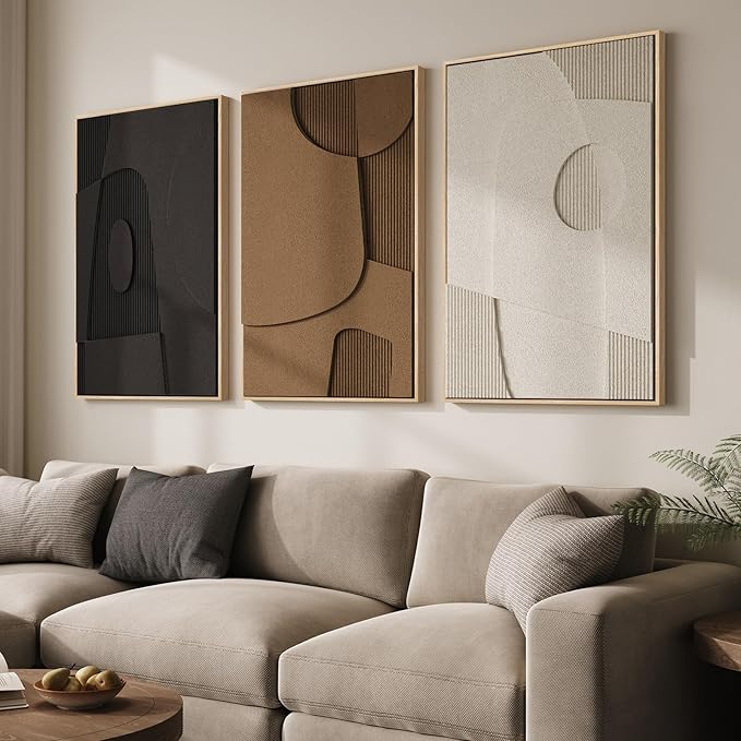 3D Textured Large Framed Abstract Wall Art for Living Room, 3Piece 24x36 In | Wood Frames, Neutral Black White Brown Sandstone Paintings, Modern Artwork for Walls, Geometric Wall Decor Bedroom Office