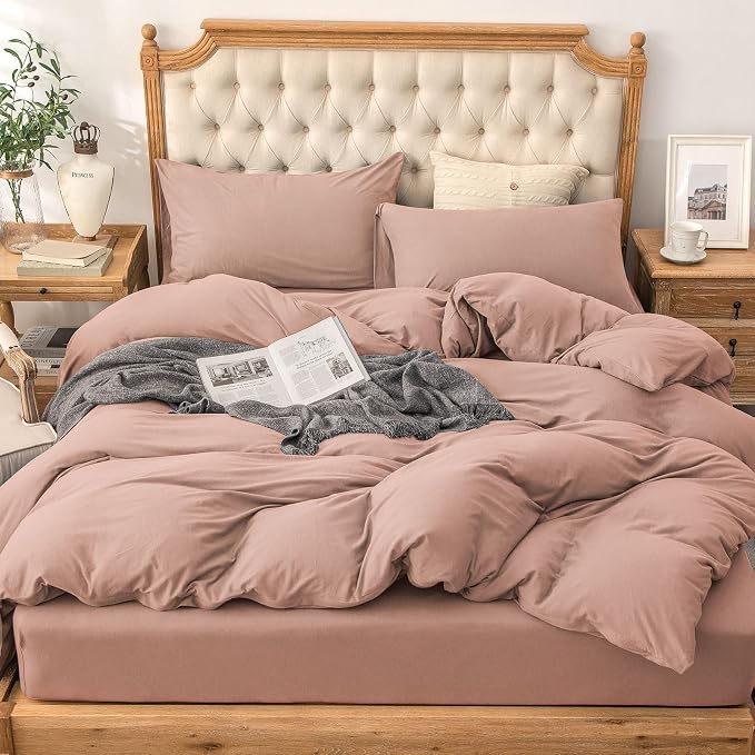 PURE ERA Jersey Knit Sheet Set Solid Petal Pink Queen | 100% Cotton, 3 Piece Set, T Shirt Soft, Breathable, Envelope Closure Pillowcases, Hidden Zipper, 8 Ties, No Insert, Modern