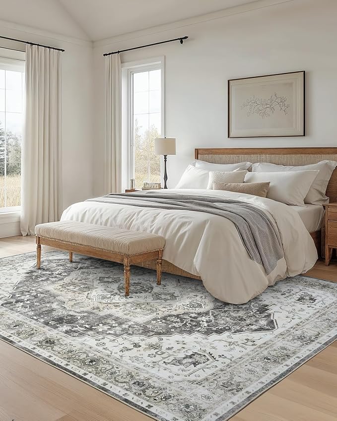 AMADA HOMEFURNISHING 9x12 Area Rug, Washable Low-Profile Large Area Rug with Non-Slip Backing & Durable Edge Binding, Vintage Large Rugs for Living Room, Bedroom