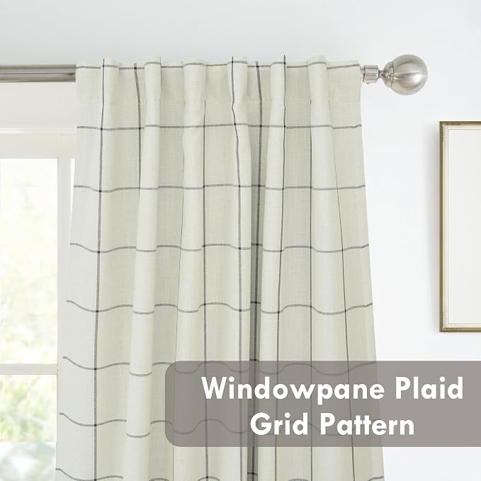 DriftAway 100% Blackout Plaid Linen Curtains 84 Inches Long 2 Panels Black | 100% Blackout, Linen Texture, Plaid Pattern, Two Layers, Rod Pocket & Back Tab, Bedroom Living Room Use, Luxury Appearance