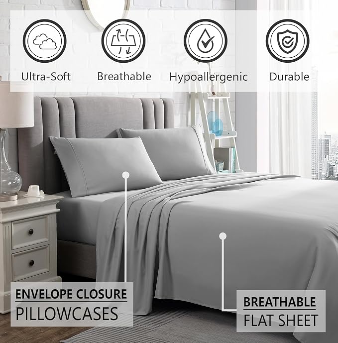 American Home Collection King Sheet Set - Ultra-Soft Microfiber 15-Inch Deep Pocket - Wrinkle Free and Fade Resistant (Light Grey)