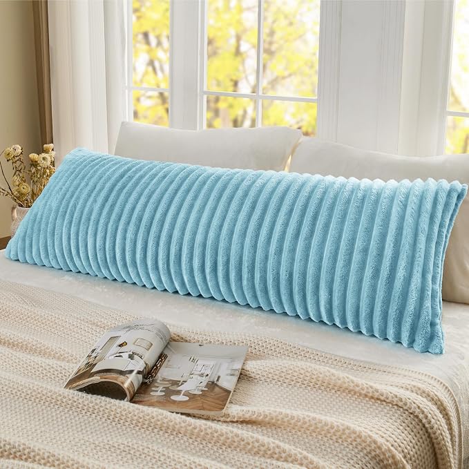 BEDELITE Fluffy Striped Body Pillow Cover with Zipper, Light Blue, 20x54 | Ultra-soft Faux Fur with 7D Striped Texture, Comfy, Plush, and Cloud-like, Body Pillow Pillowcase for Bed Couch Room Decor