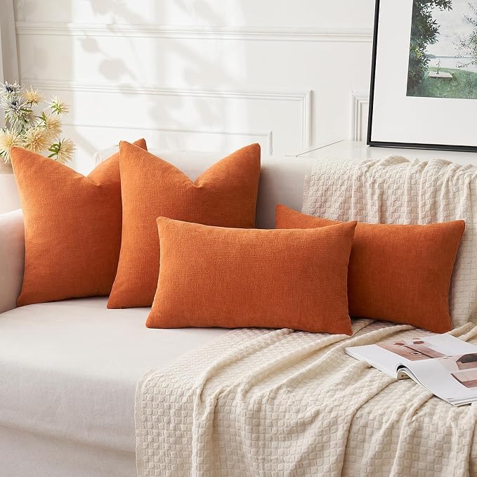 MIULEE Fall Orange Chenille Couch Throw Pillow Covers, 16x16 | Set of 2, Soft Farmhouse Modern Home Decor, Decorative Pillowcases for Sofa Living Room Bed