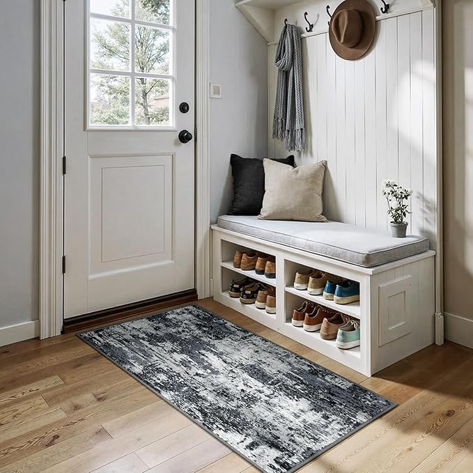 RELEANY Washable 2'x5' Abstract Area Rug for Living Room Black White | Carpet for Bedroom, Kitchen, Office, Hallway and Entryway, Printed Pattern, Non‑Slip, Soft, Stain‑Resistant, Easy to Clean