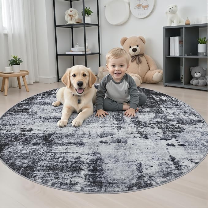 Round Area Rug Living Room: 4 ft Modern Washable Carpet Dark | For Bedroom Dining Room Farmhouse Nursery Hallway Office,Modern Abstract,Machine washable,Non-Slip,Stain Resistant,Indoor