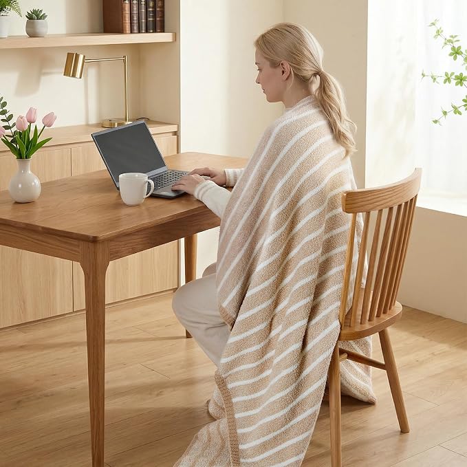 Snuggle Sac Ultra Soft Beige Throw Blanket for Couch, Reversible Cozy Knitted Ribbed Blanket for Sofa, Bed, Home Decor 50"x60"