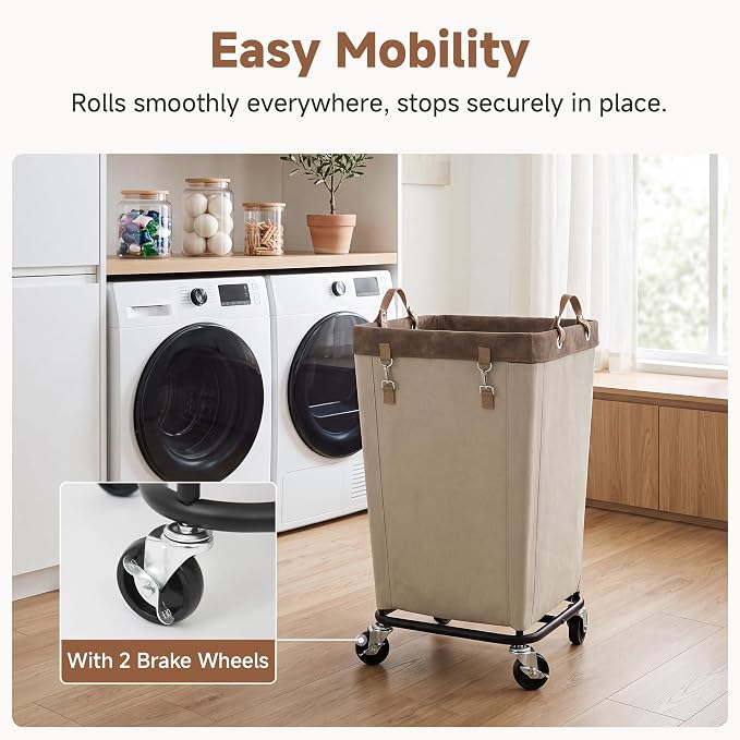 StorageWorks 110L Laundry Basket with Wheels, Rolling Hampers for Clothing | Light Kahki Laundry Rolling Cart with Handles for Bedroom, Bathroom, Dorm, Hotel