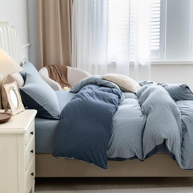 PURE ERA Jersey Knit Duvet Cover Set 100% T-Shirt Cotton Super Soft Comfy 3pc Bedding Set with Zipper Closure (Solid Navy/Blueish Grey, King) | 100% Cotton, 3 Piece Set, T Shirt Soft, Breathable, Envelope Closure Pillowcases, Hidden Zipper, 8 Ties, No ...