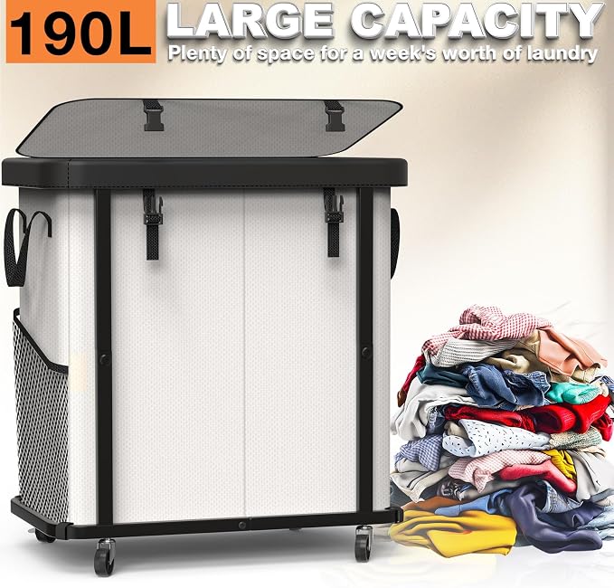 Laundry Basket with Wheels,190L (50 Gal) Laundry Hamper 2 Setion - Beige | Leather Patchwork,Sturdy Metal Frame, Removable Washable Bag, Tall Clothes Sorter for Bedroom, Laundry Room