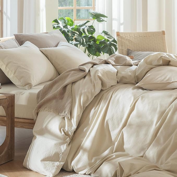 MooMee Duvet Cover Set 100% Washed Cotton Linen Like Alaska King | Relaxed Linen-like Texture. Soft, Breathable & Long-lasting Comfort. Lightweight. Hidden Zipper with 8 Interior Corner Ties
