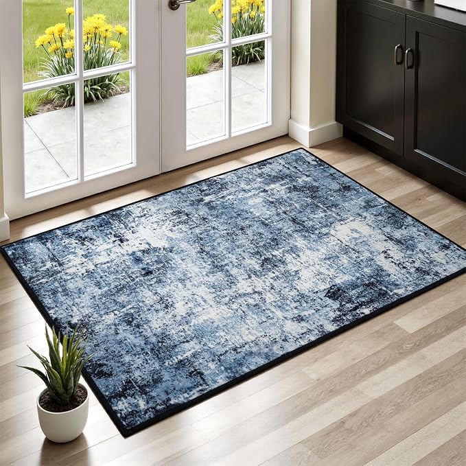 Rugflix 2x4 Entrance Rugs, Washable Navy Blue Dark Entry Small Rug | Machine Washable; Stain-Resistant; Low Pile; Non-Slip; Modern Abstract; Black Carpet for Entryway Kitchen Hallway Home
