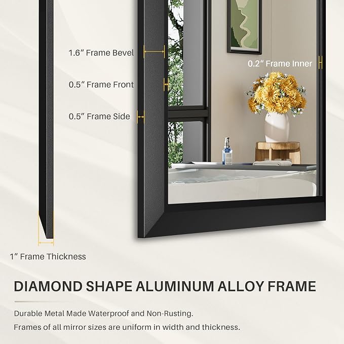 Black Metal Framed Bathroom Wall Mirror, 20x28 Inch | Anti-rust, HD tempered glass, for bathroom vanity, bedroom, living room, horizontal or vertical mount