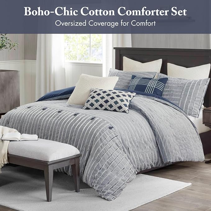 Madison Park Farmhouse Queen Cotton Comforter Set with Removable Cover, 8pc | Clipped Jacquard Stripes with Buttons Bedding Set, Boho, Oversized, Easy Care, Breathable, Cozy, All Season, Ultra Soft
