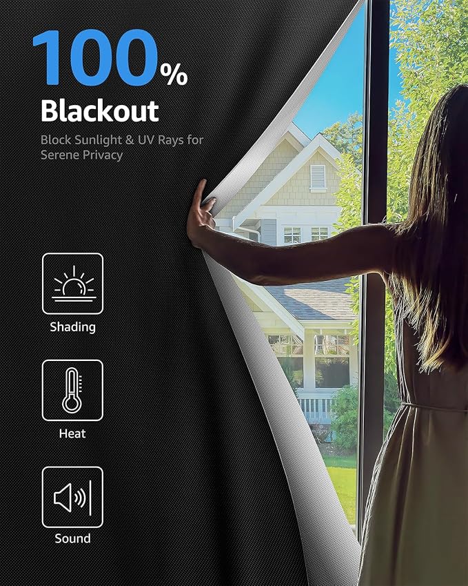 Blackout Curtains Portable 52”x63” No Drill Black Out Window Cover | 100% Blackout Shades with Heat-Resistant Hook&Loop Tapes,Thermal Insulated Window Blinds for Home,Nursery(1 Panel,Black)