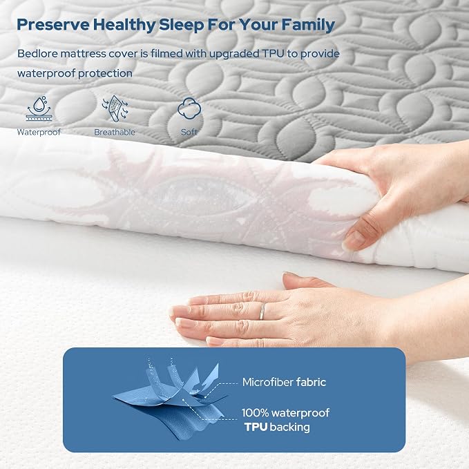 BEDLORE Waterproof Mattress Protector, Twin XL Size Mattress Pad | Deep Pockets Fit 6"-15" Mattresses, Soft Breathable Dirt-proof Bed Mattress Cover for Bedroom, College Dorm (Light Gray)