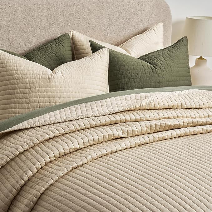 EVERGRACEHOME Cotton Sateen Quilt Set, Queen Size, Light Sand | 100% Cotton, Channel Stitch Coverlet Bedspread, Pre-Washed Lightweight Soft Bedding Set for All Season, 3 Piece, with 2 Shams