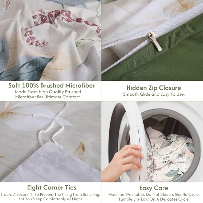 LONAVA King Botaincal 3 Pcs Duvet Cover Set, Breathable Soft Microfiber Forest Green Lining Comforter Cover with Zipper Closure, and 2 Anti-Pilling, Fade Resistant Pillowcases, Lavender