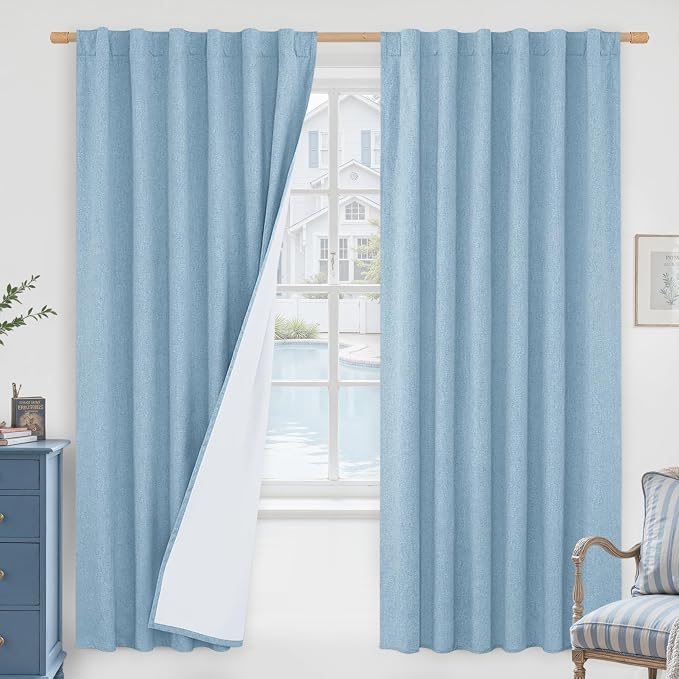 72 Inch 100% Blackout Linen Curtains for Living Room 2 Panels | Thermal Insulated, Boy's Bedroom Curtains, Rod Pocket Back Tab Neutral Panels, with White Liner, 52 x 72 Inch, Stone Blue