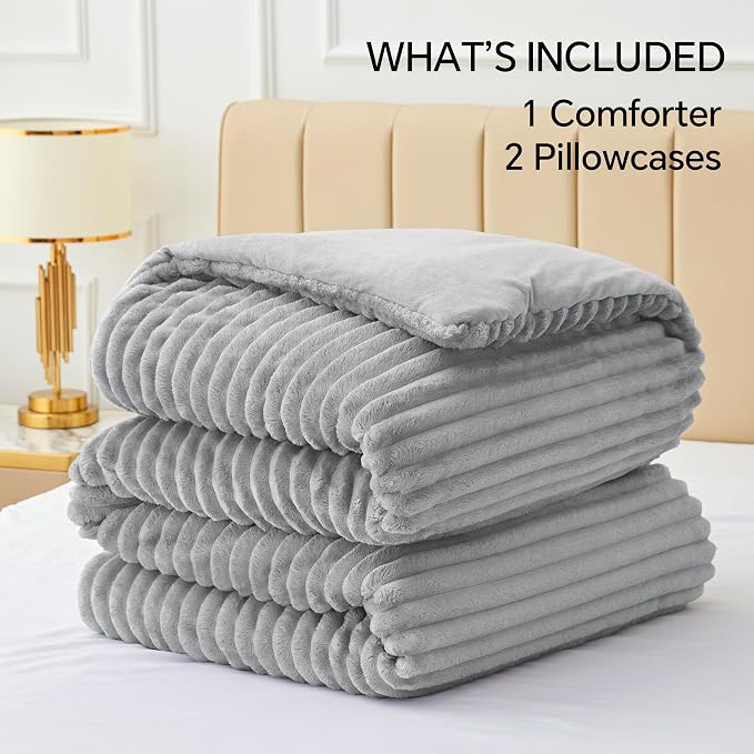 BEDELITE Fleece King Comforter Set, Fluffy Bed Set, Light Grey | Super Soft & Warm Bedding, Luxury Fuzzy Faux Fur Comforter for Winter, Heavy Plush Bedding, with 2 Pillowcases
