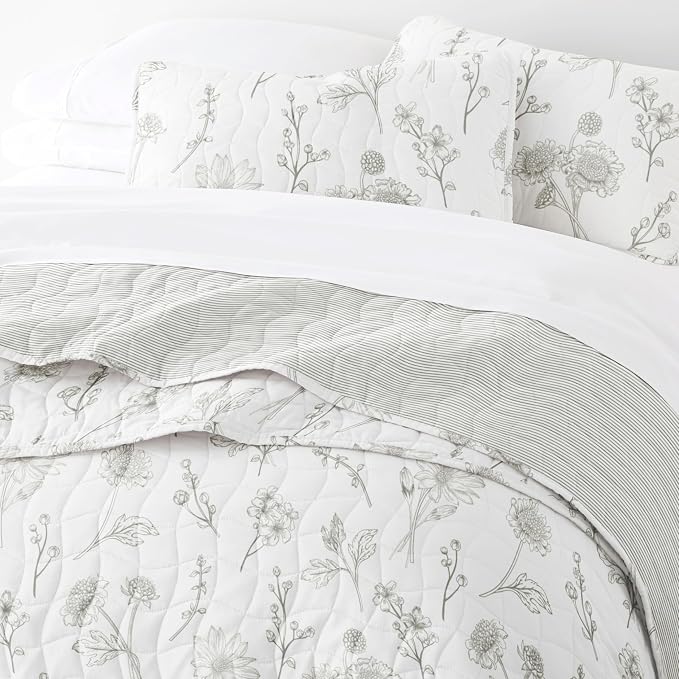 Merit Linens 3 Piece Quilt Set - Super Soft - Lightweight - All Season Quilted Coverlet - Floral Patterns - Full/Queen Light Gray