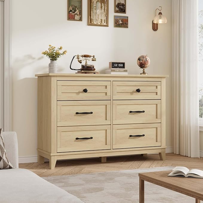 GarveeHome 6 Dresser for Bedroom, 47 in Wide Drawer Dresser with Storage Freestanding, Wooden Closet Storage Chest for Living Room, Bedroom, Entryway, Natural Oak