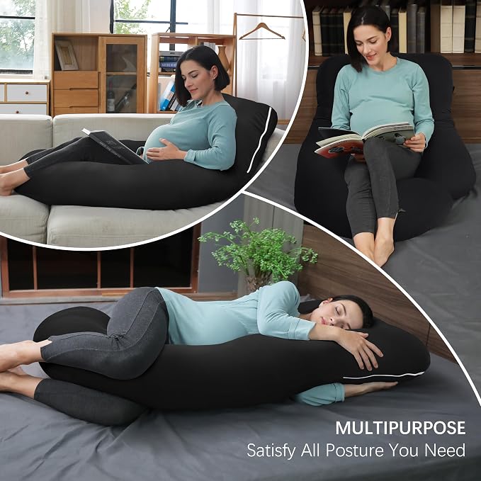MOON PARK Pregnancy Pillows for Sleeping - U Shaped Full Body Maternity Pillow with Removable Cover - Support for Back, Legs, Belly, Hips - 57 Inch - Black - Cooling Cover