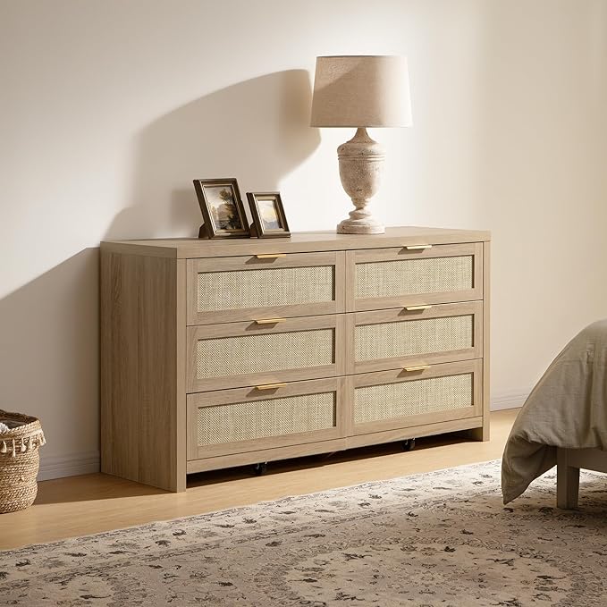 SICOTAS Rattan Dresser for Bedroom, 57" Wide 6 Drawer Dresser | Dressers with Ample Storage, Large Chest of Drawers, Closet, Boho TV Stand for Bedroom, Reclaimed Light Oak, 1 Piece