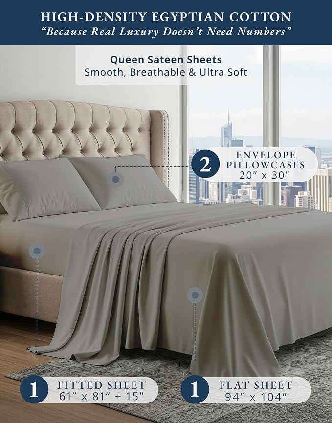 LANE LINEN Queen Sheet Set 100% Egyptian Cotton Sateen - Charcoal | Queen Bed Sheets - 4-Piece Set, For A Luxurious Night's Sleep, For A Silky Hotel-Style Bed, Styles A Master Bedroom