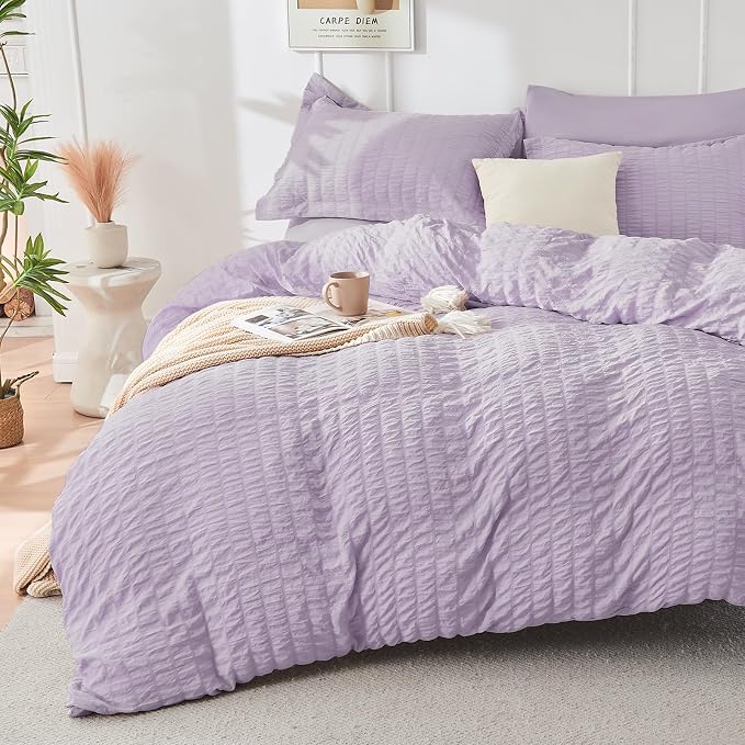 HYMOKEGE Lavender Oversized Queen Comforter Set Seersucker 7 Pieces, All Season Luxury Bed in a Bag for Bedroom, Bedding Set with Comforter, Sheets, Pillowcases & Shams