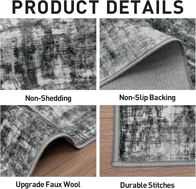 8x10 Area Rugs for Living Room: Washable Abstract Black Badroom Carpet | Non-slip TPE backing makes this washable soft low-pile rug safe & durable, Pet-friendly decor for dining room,nursery,office