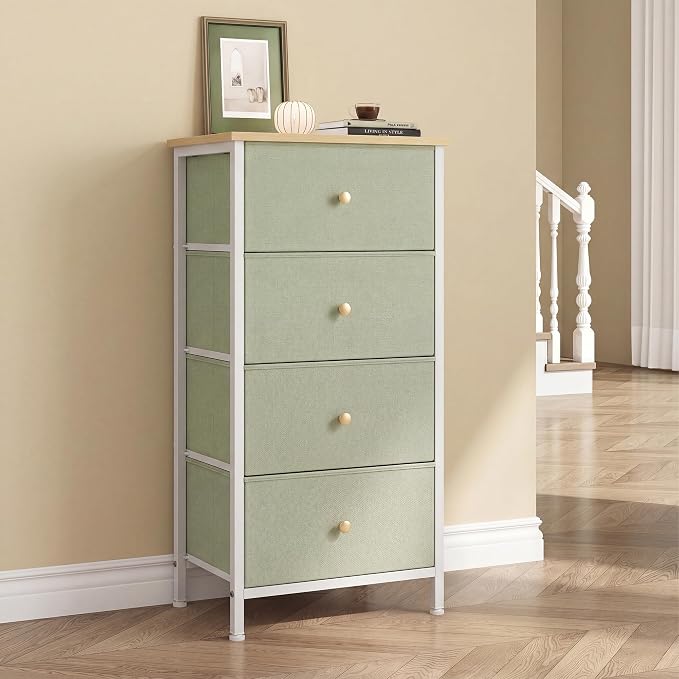 DUMOS Nightstand, Bedside Table with 4 Fabric Drawers | Night Stand with Removable Bins, Steel Frame Wood Top, Small Dresser for Bedroom Closet, Living Room, Light Green