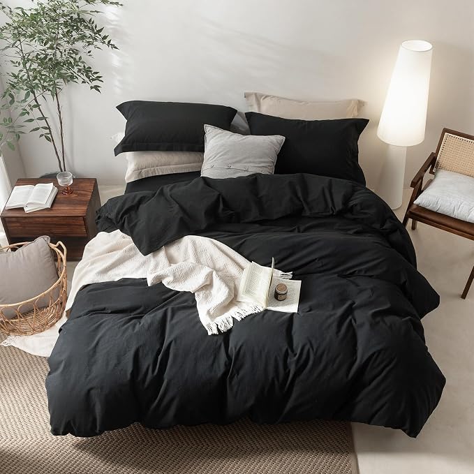 BDEAR 3Pcs Black Duvet Cover Set Super Queen Size 98" L x 90" W,Oeko TEX | 100% Washed Cotton, 1 Duvet Cover with 2 Pillowcases, Zipper Closure, 8 Corner Ties,Linen-Liked Texture, Skin Friendly