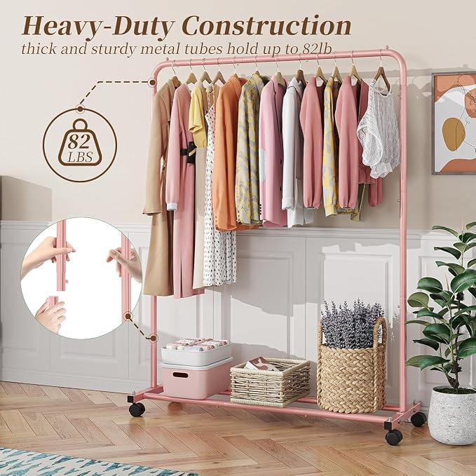 Simple Trending Clothes Clothing Garment Rack, Clothes Organizer, Pink | Storage Shelves, 360° Lockable Wheels, Anti-Slip Stoppers, Bedroom, Laundry Room