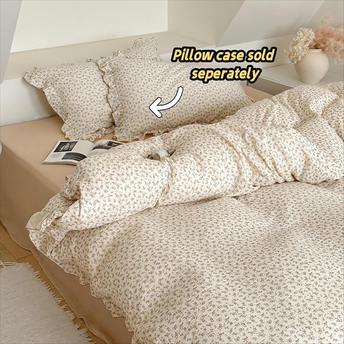 Muslin Duvet Cover for Queen Size Bed, Vintage Farmhouse Bedding Camellia Floral Quilt Cover with Ruffles, Soft Cotton Comforter Cover 90"x90", Zipper & Corner Ties, No Pillow