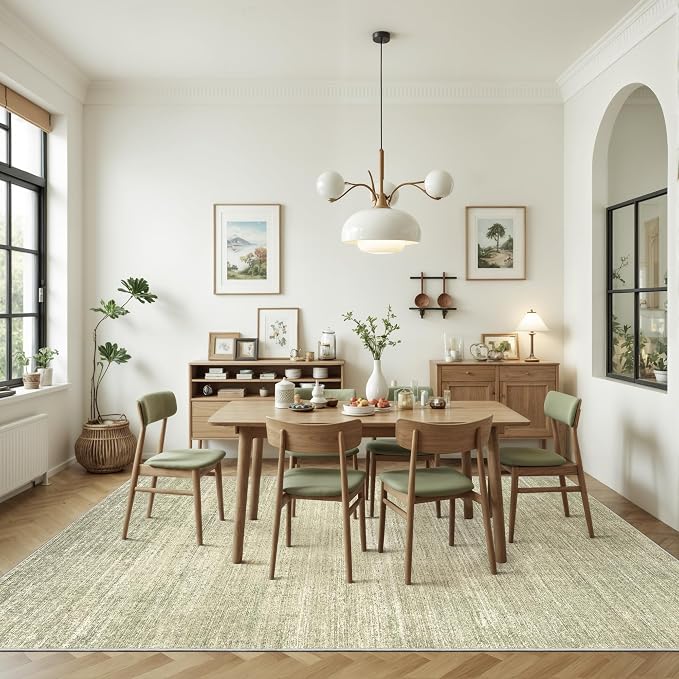 6x9 Area Rugs Non Slip, Large Washable Rugs for Living Room, Green | Soft Low Pile, Thin & Lighweight Carpet, Folable Stain Resistant Modern Indoor Floor Mat for Bedroom, Dining Room, Home Decor