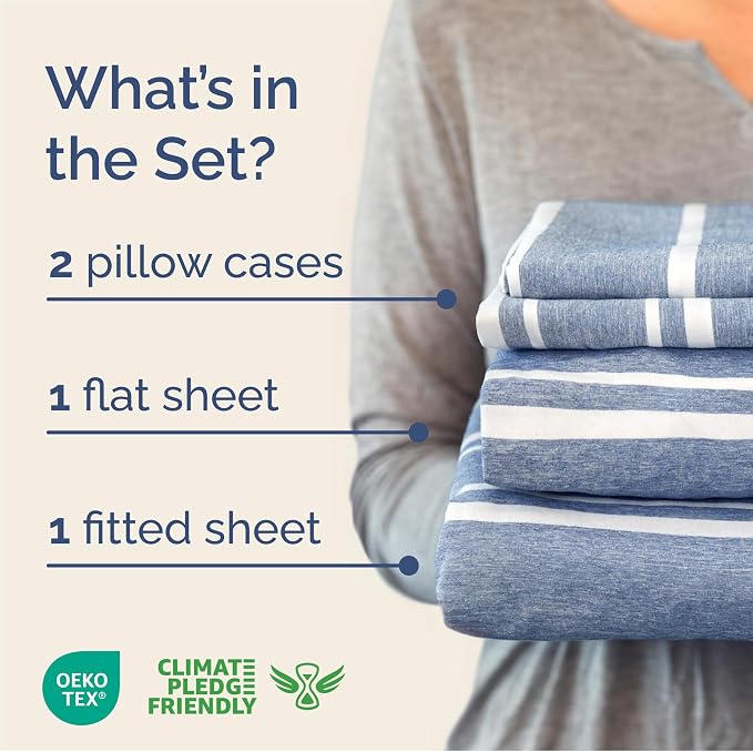 Queen Size 4 Piece Sheet Set - Breathable & Cooling Sheets - Blue Stripes | Hotel Luxury Bed Sheets for Women & Men, Deep Pockets, Easy-Fit, Extra Soft and Wrinkle Free Sheets, Oeko-Tex Bed Sheet Set