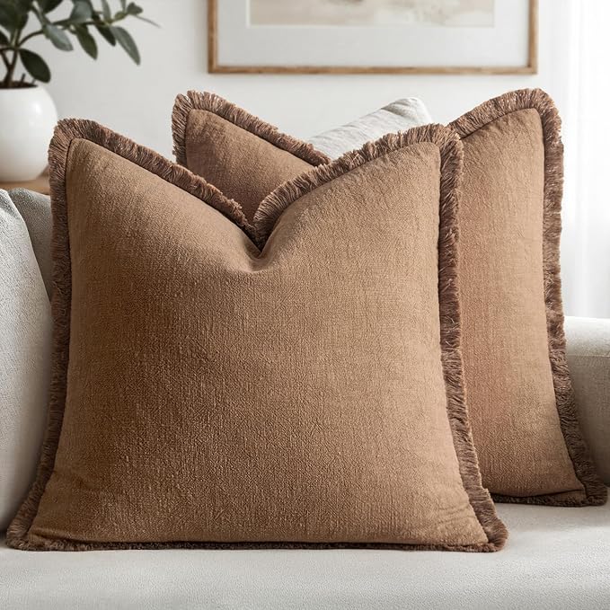 MIULEE Boho Linen Fringe Decorative Fall Throw Pillow Covers Brown 18x18 | Set of 2, Cottagecore Decor, Boho Farmhouse Neutral Pillow Covers, Rustic Fall Couch Cushion Cases for Sofa Bed Living Room