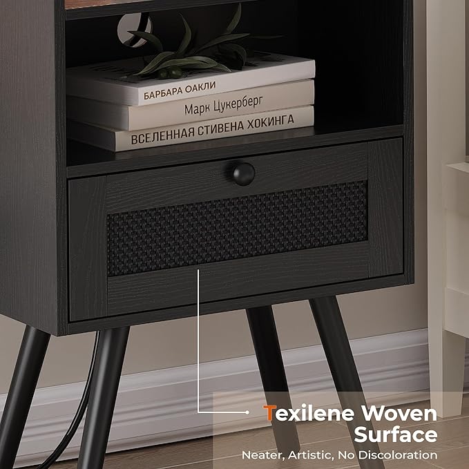 SUPERJARE Nightstands with Charging Station, Set of 2, All Black | Bedside Table with Texilene Surface Drawers, Rattan Side Table with Storage & Solid Wood Feet, End Table for Bedroom